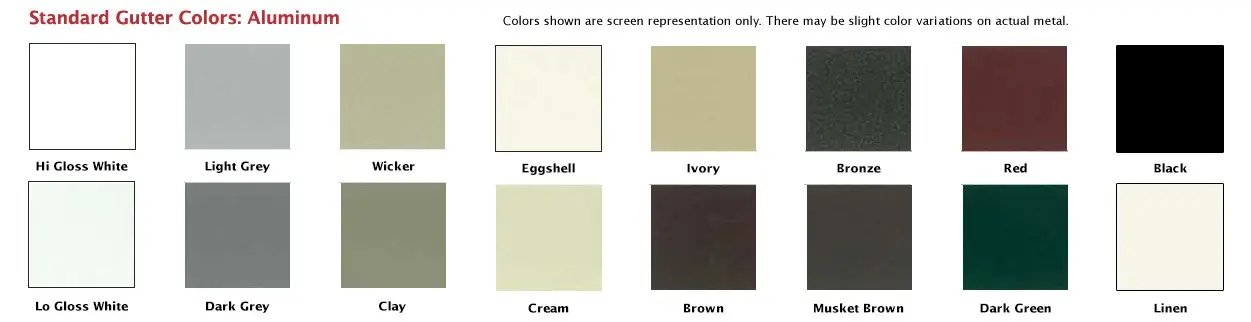Wide chart of the 16 aluminum gutter colors available from The Gutter Guys